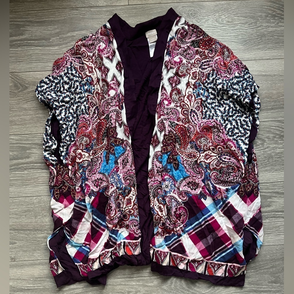 Chico’s Ruana Tunic Vest Mixed Paisley Plaid Print Purple Size L/XL